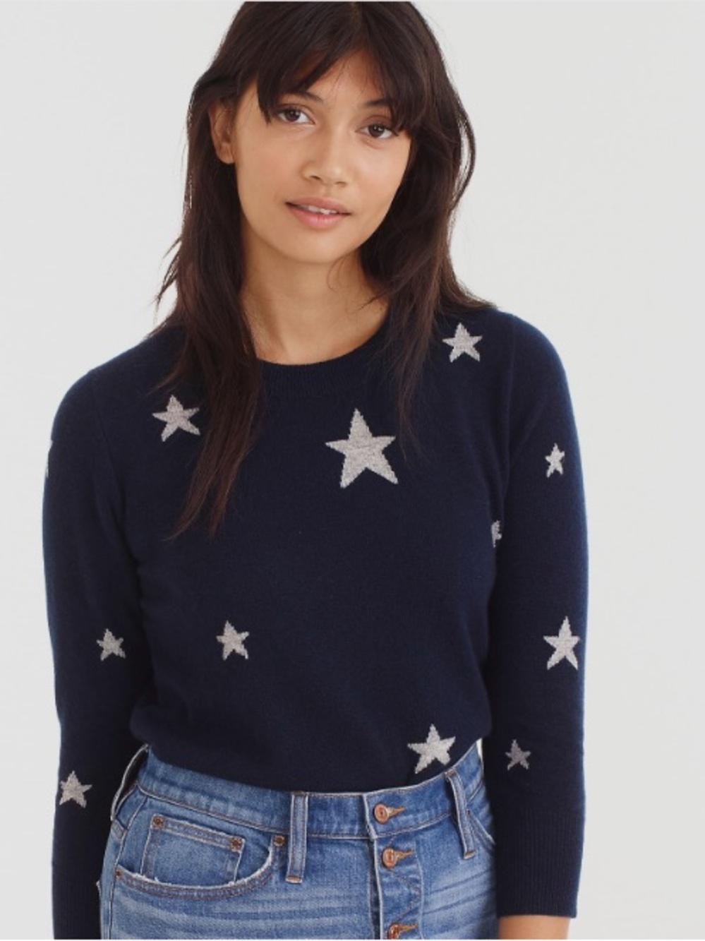J. Crew Navy Cashmere Crewneck Sweater with Silver Stars